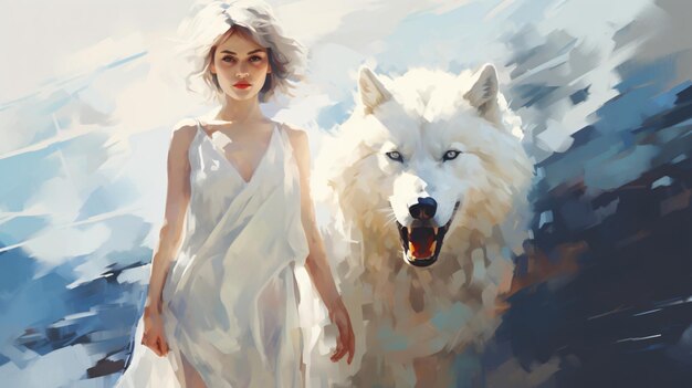 a painting of a girl and a wolf by person