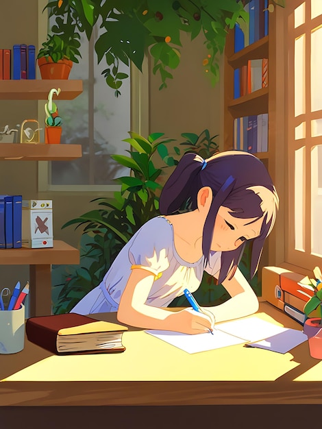 a painting of a girl writing in a library with a book titled the word