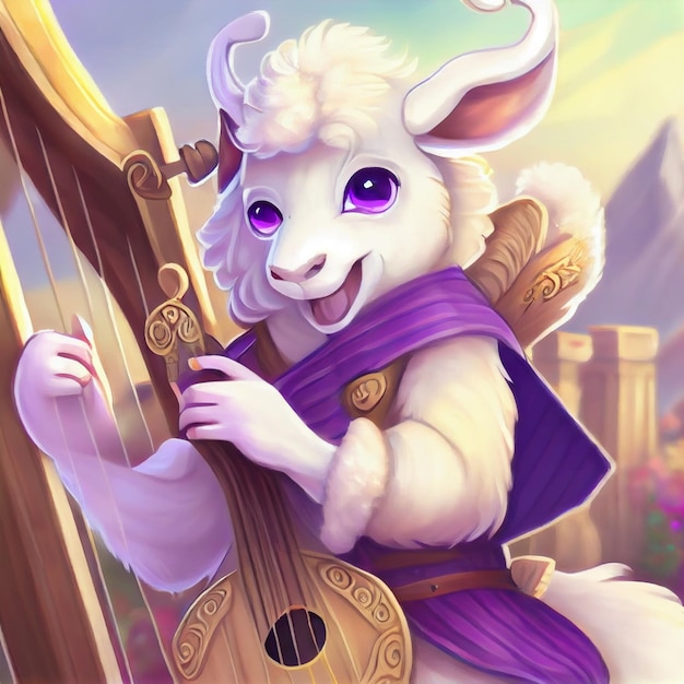 Painting of a goat playing a harp generative ai