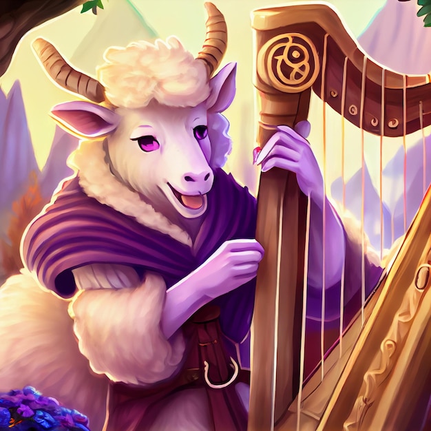 Painting of a goat playing a harp generative ai