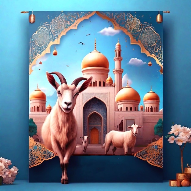 a painting of a goat with a blue background with a picture of a goat and the word mosque