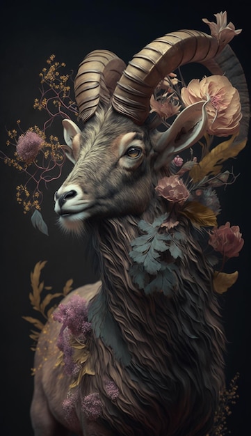 A painting of a goat with flowers on it