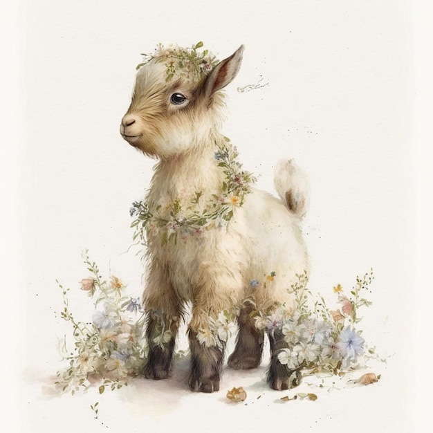 A painting of a goat with flowers on its face