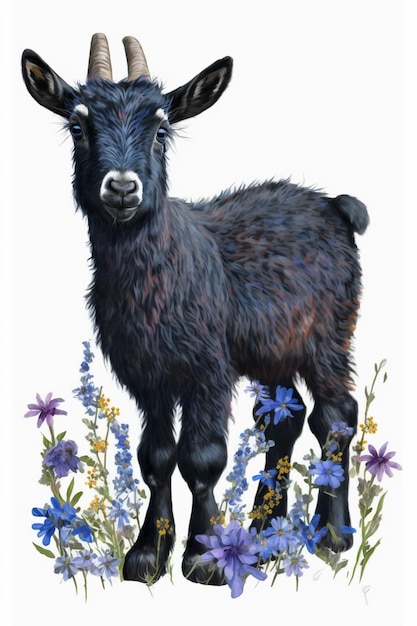 painting of a goat with horns standing in a field of flowers generative ai