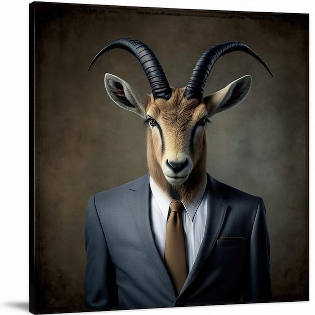 A painting of a goat with horns and a suit on it.