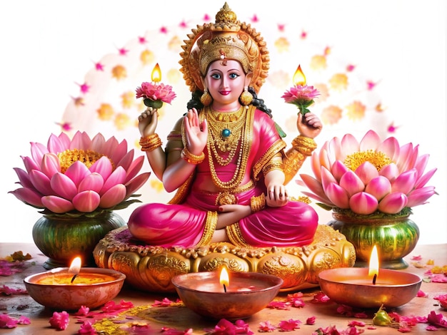 a painting of a god sitting on a table with lotus flowers and a statue of deity