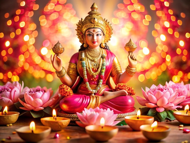 a painting of a god with lotus flowers and a statue of deity