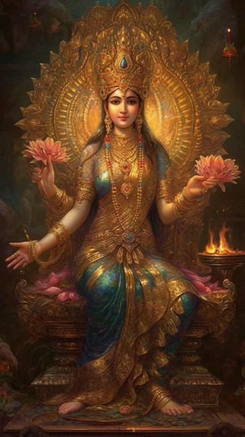 A painting of a goddess with flowers on her head.