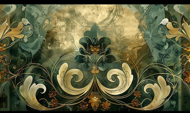 a painting of a gold and black floral design with a moon in the background