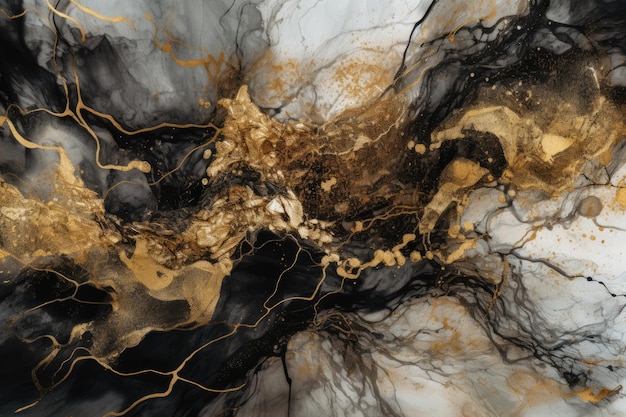 A painting of gold and black paint with gold paint and black and white background.