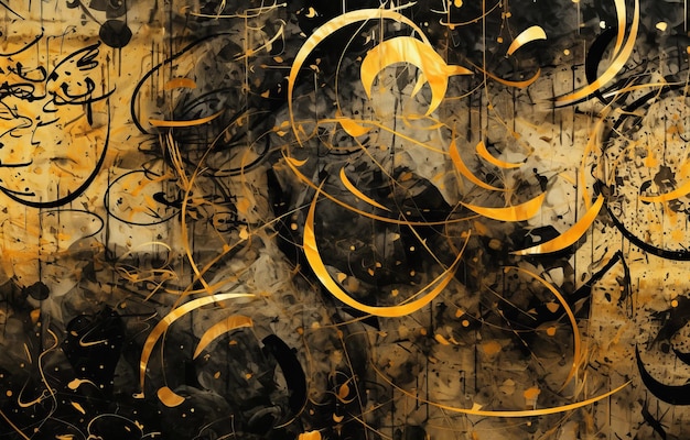 A painting of gold and black swirls with the word " gold " on the bottom.