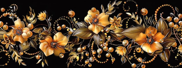 a painting of gold flowers with gold and black background