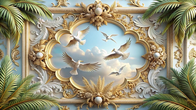 a painting of a gold and white floral design with birds flying in the sky