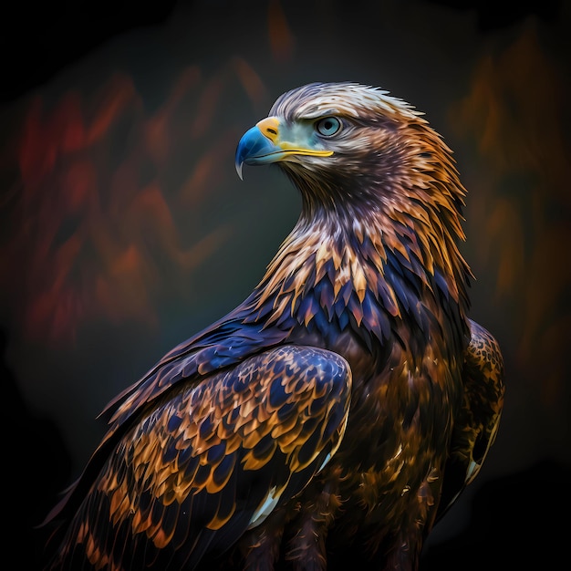 A painting of a golden eagle with blue eyes and a black background