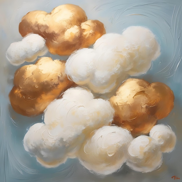 a painting of a golden mushroom and clouds