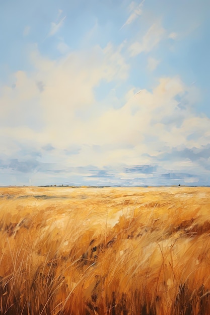 a painting of a golden wheat field with the blue sky and clouds in the background