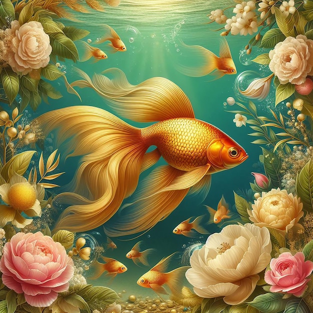 a painting of a goldfish with flowers and a fish swimming in the water