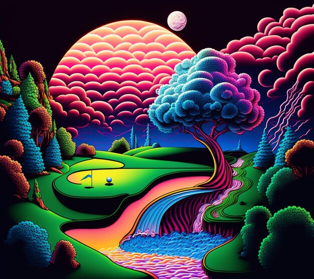 A painting of a golf course with a river and trees generative ai