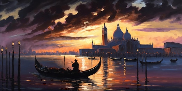 A painting of a gondola in venice at sunset.