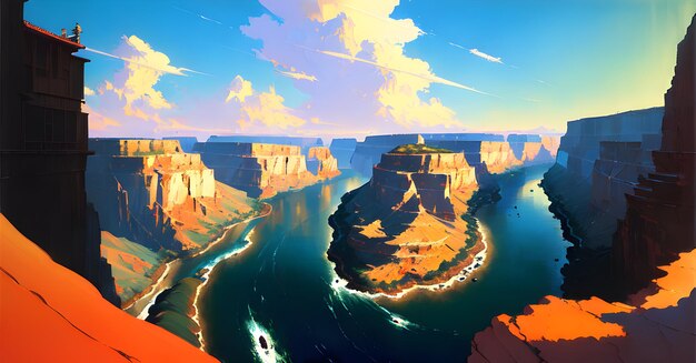 A painting of a grand canyon with a blue sky and clouds.