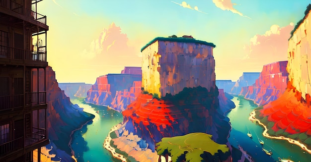 A painting of a grand canyon with a river flowing through it.