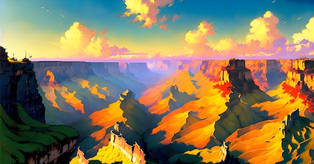 A painting of a grand canyon with a sunset in the background.