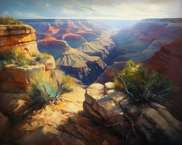 A painting of a grand canyon with a sunset in the background.