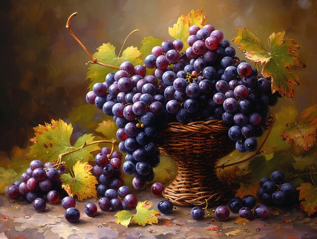 a painting of grapes and a basket of grapes