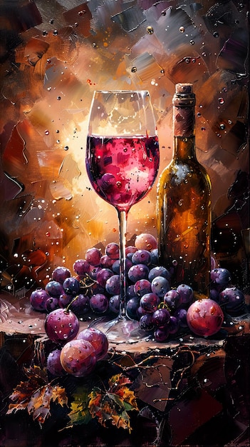 a painting of grapes and a bottle of wine