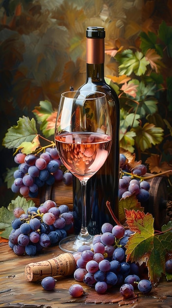 a painting of grapes and a bottle of wine