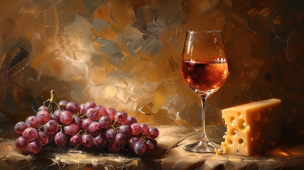 a painting of grapes and a glass of wine with a piece of cheese and a glass of wine