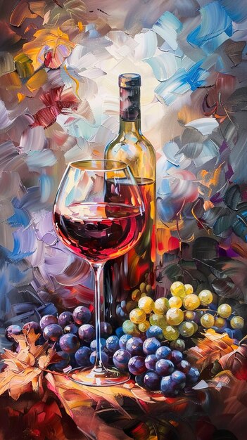 a painting of grapes and a glass of wine