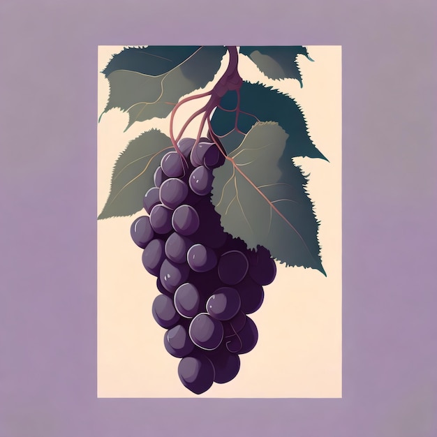 A painting of grapes with the green leaves on the bottom.