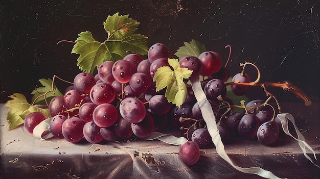 a painting of grapes with a ribbon on it