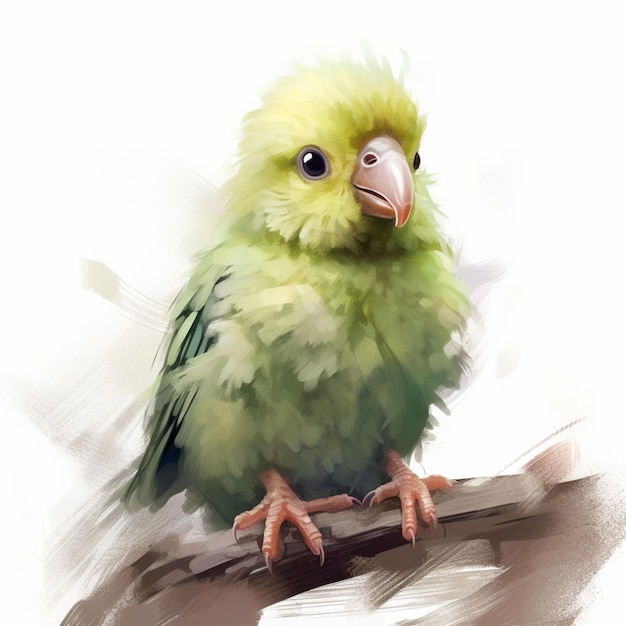 painting of a green bird with a yellow beak sitting on a branch generative ai