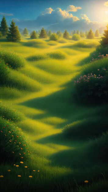 A painting of a green field with a sunset in the background.