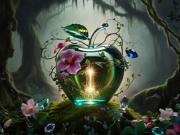 a painting of a green glass apple with flowers and leaves