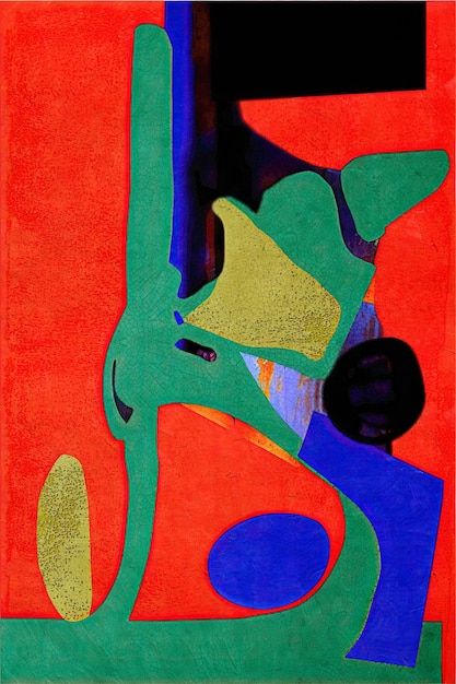 A painting of a green and gold object with a black object in the middle.