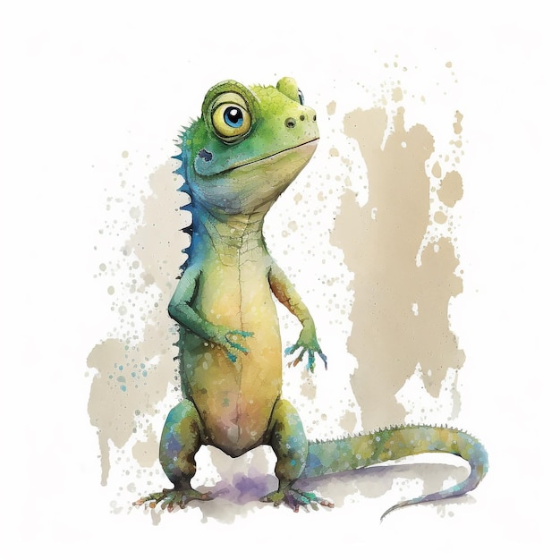 A painting of a green iguana with a blue tail