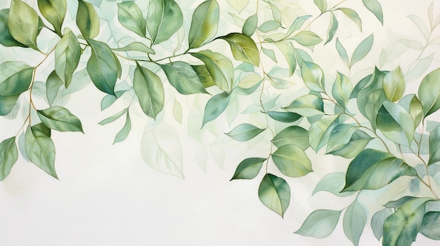 a painting of green leaves and branches with a white background