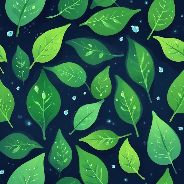 a painting of green leaves with water drops on it