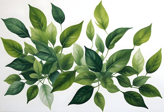 a painting of green leaves with a white background