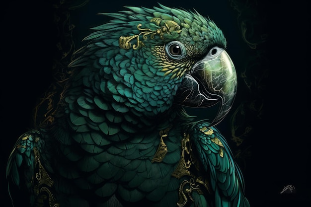 A painting of a green parrot with gold accents