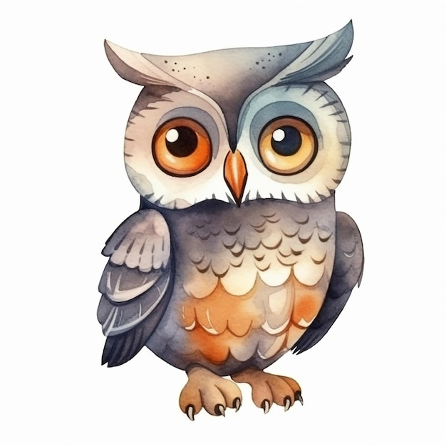 A painting of a grey and orange owl with orange eyes.