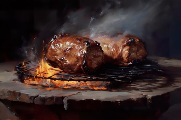 A painting of a grill with a flame on it.