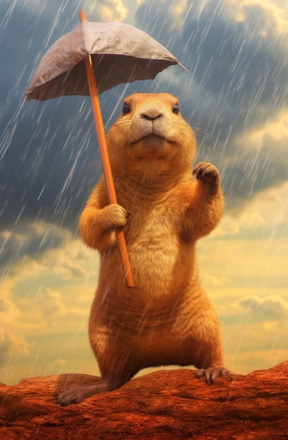 A painting of a groundhog holding an umbrella in the rain.