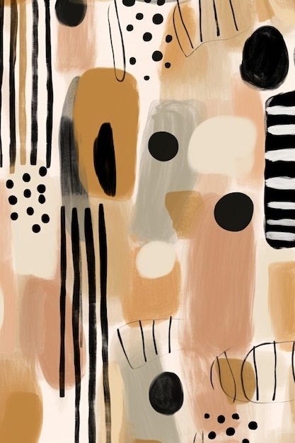 A painting of a group of abstract shapes with black dots and a white circle on the bottom.