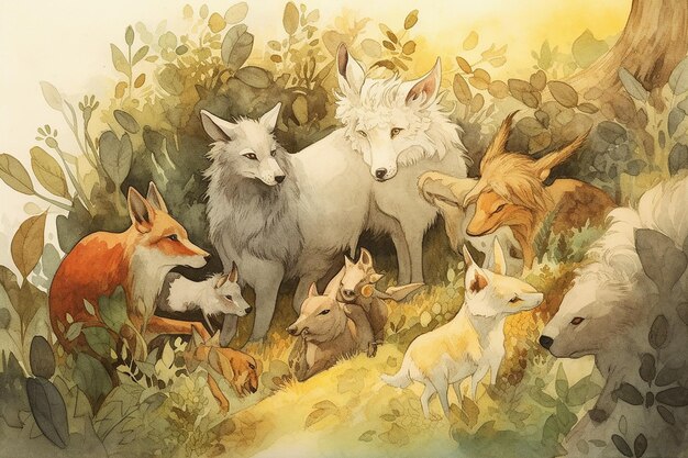 A painting of a group of animals with one of them called the fox.