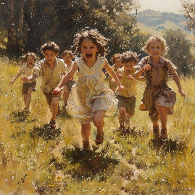 a painting of a group of children running in a field