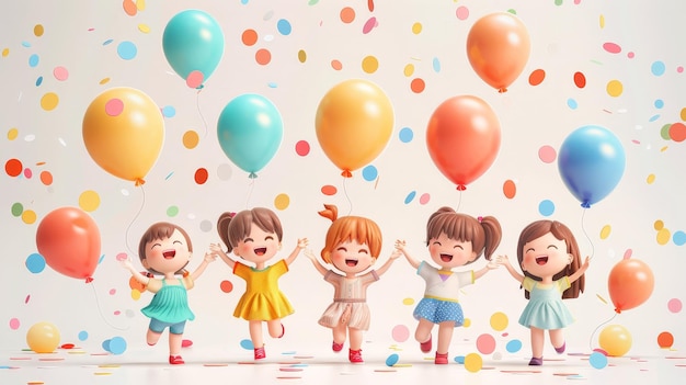 a painting of a group of children with balloons in the background